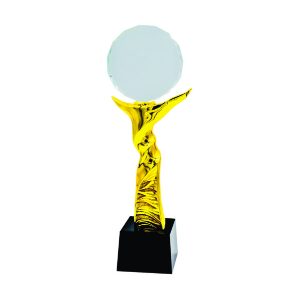 Beautiful Sculpture Trophies CTIFF235 – Golden Round Crystal Sculpture | Trophy Supplier at Clazz Trophy Malaysia